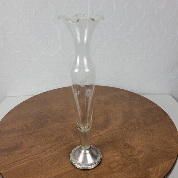 VINTAGE Duchin Creation Silver Etched Glass Bud Vase 10 Sterling Weighted Base - Picture 1 of 14